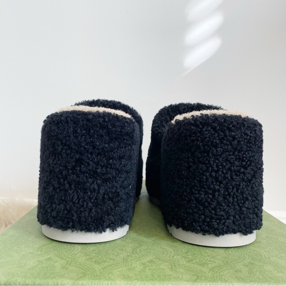 Gucci Elea Shearling GG Interlocking G Platform Slide Wedge Black Butterscotch - Picture 5 of 9